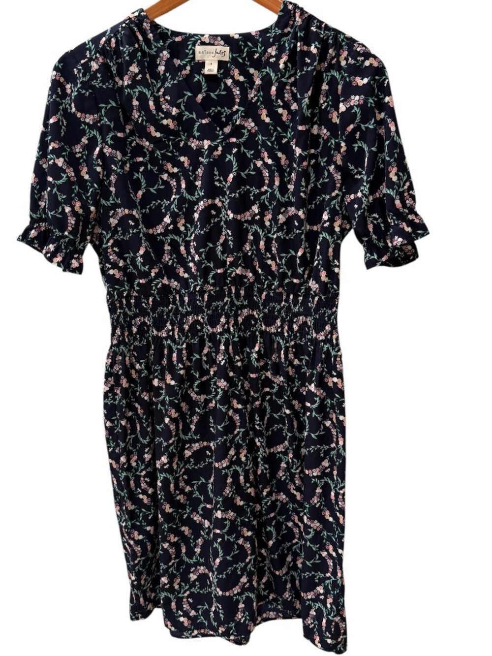 Maison Jules Navy Floral Smocked Waist Dress, Size S